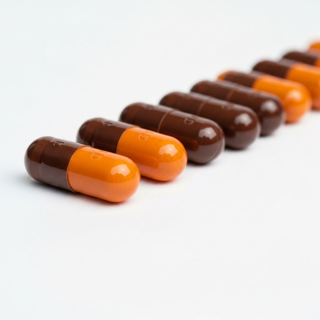 Arranged supplement capsules in organized rows