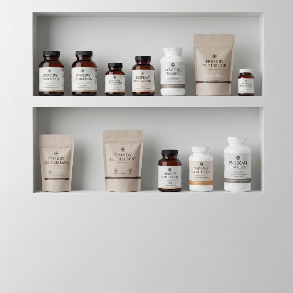 Organized supplement bottles and pouches on display shelf