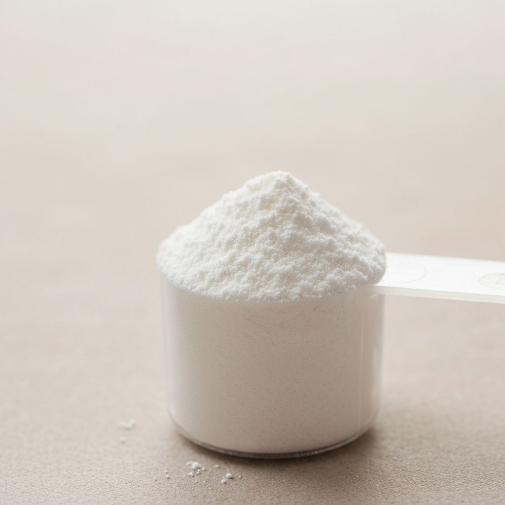 White protein powder in measuring scoop